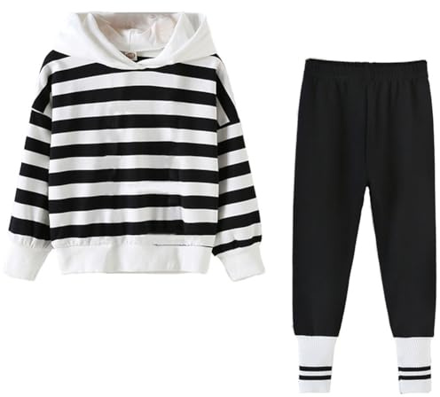 amropi Ragazze A Righe Cappuccio Camicia e Jogging Pantaloni 2 Pezzi Outfits Abbigliamento Set (Nero-Bianco,14-15 Anni)