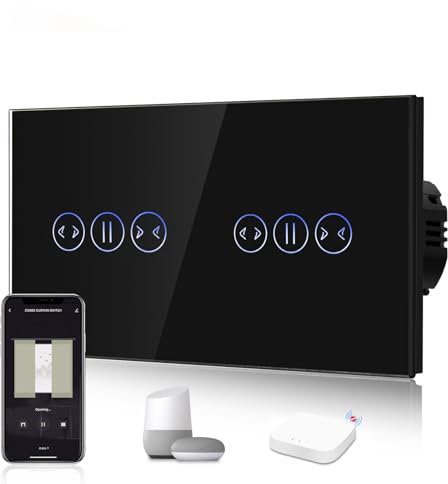 BSEED Intelligent WIFI Interrupteur Tactile de Volet Roulant, Nécessite Un Fil Neutre, Interrupteur Mural en Verre, Double 1 Gang 1 Voie Noir, Compatible avec Alexa/Google