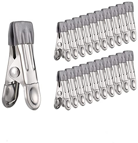 AKlamater 30 Stück Edelstahl Wäscheklammern, Multifunktionale Rutschfeste Metall Clips für Socken, Schuhe, Handtuch, Lebensmittelversiegelung, Fotos (Grau)