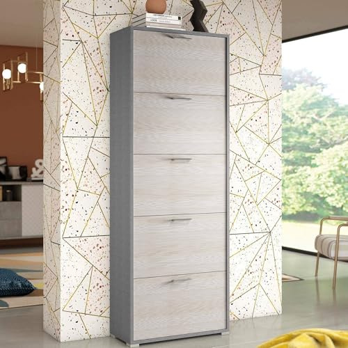 Dmora - Schuhregal Surfinia, Mehrzweck-Eingangsmöbel mit 5 Falttüren, Schuhschrank mit doppelter Tiefe, 100 % Made in Italy, 67 x 28 x 183 cm, Lärche,