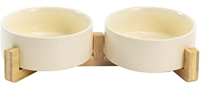 SPUNKYJUNKY Keramisk dubbel matskål med bambustativ för katter och hundar (400 ml, beige)