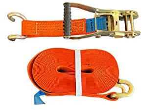 Cinghia di ancoraggio a cricchetto autobloccante SpanSet 9 mt, nastro da 50 mm, gancio a corno e carico di lavoro 2000 daN. Certificato EN 12195-2.