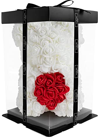 Infinity® Rosenbär Weiß 25 cm mit Herz – Handgefertigter Bär mit Geschenkbox & über 300 duftenden 3D-Rosen – Geschenk für Frauen, Geburtstag oder Jahrestag