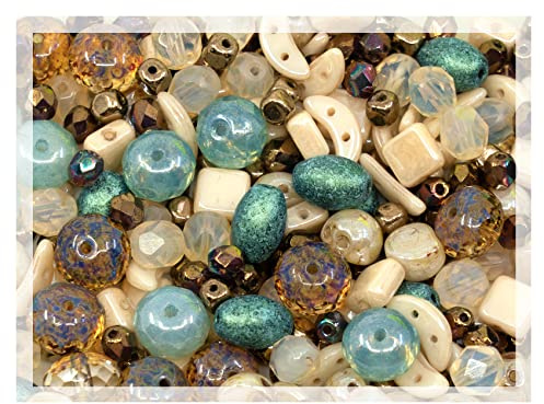 60 g Mix aus einzigartigen tschechischen böhmischen Glasperlen, matt und glänzend, facettierte Feuerpolert, rund, set kit für handgefertigtes Perlen zum Auffädeln, Beige Blau Luster
