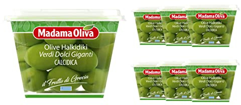 MADAMA OLIVA, Olive Halkidiki, Olive Verdi Dolci Giganti, Polpa Ricca, Soda e Succosa, Ideale per Aperitivi, Senza Conservanti Aggiunti, 6 x 250 gr