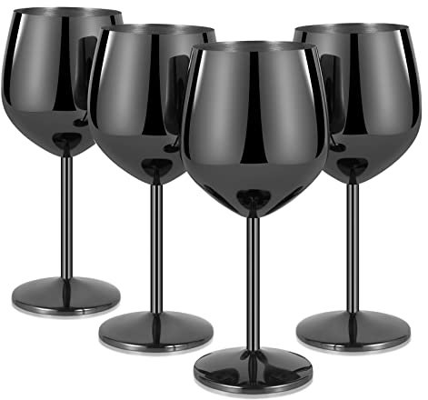 Lifecapido Edelstahl Weingläser 4er Set, 530 ml Edelstahl Weinkelche, Stiel Metall Weingläser mit Tassenbürste für Party Büro Jahrestag, ideal für Rot-Weißwein (Grau Schwarz)