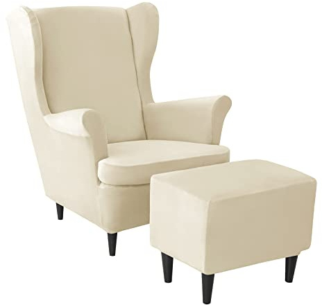 JHLD Ohrensessel Überzug Mit Ottomane Schonbezug-3 Teilig-Beige | Samt Stretch Husse für Ohrensessel Rutschfest 3 Stück Abnehmbare Waschbar für Wohnzimmer
