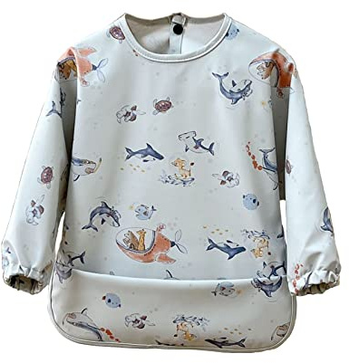Cozozn Baby Weaning Bib Long Sleeves Toddler Feeding Bibs with Arms Plastic Back Waterproof Coverall Weaning Bib 4-6 Years, Sharks White