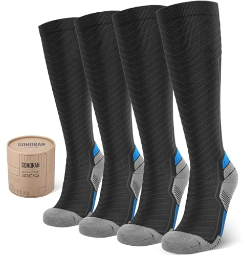 SONORAN 2 Pairs Kompressionsstrümpfe Damen und Herren Klasse 2 Stützstrümpfe Kompressionssocken Compression Socks Kompression für Running, Reisen, Sport L/XL（Schwarz Blau）
