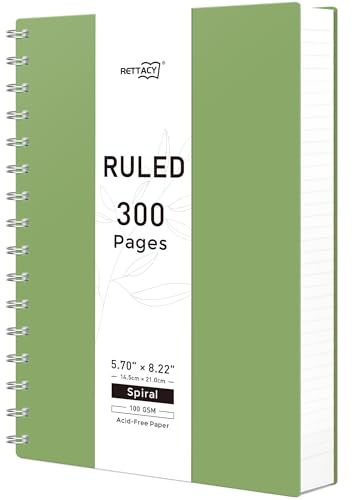 RETTACY Notizbuch A5 Liniert, 100g/m² Papier, 300 Seiten - Grün | Journal im Tagebuch-Stil Softcover Spiralbindung 180° flach aufschlagbar, durchschlagfest & Gummiband – Büro & Alltag