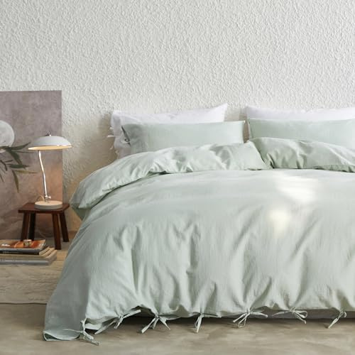 Simple&Opulence Ensemble de Couverture de Lin Double, Linge de Lit Doux Melange de Lin et de Coton, Couverture de Lit Élégante à Broderie, Qualité de Luxe Hôtel (Menthe, 200x200 cm)