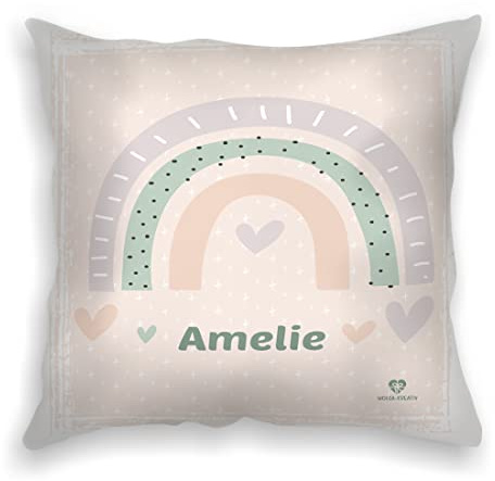 wolga-kreativ personalisiertes Kissen Regenbogen Herz 40x40 cm – Kuschelkissen mit Namen & süßen Kindermotiven – Geschenk zur Geburt, Taufe & Geburtstag – Flauschiges Babykissen