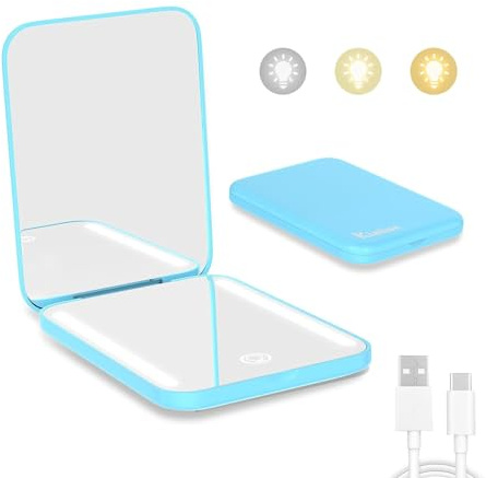 Kintion Wiederaufladbarer Taschenspiegel, LED Kompakt Reise Spiegel,Blau | 1X/3X Tragbarer Kompaktspiegel, 3 Farbtemperaturen, Touchscreen Dimmbar, Kleine Handtaschenspiegel, für Frauen als Geschenk