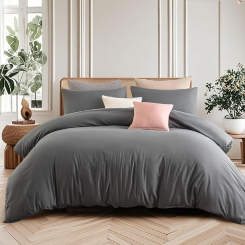 Soifox Double Duvet Cover Set - Microfiber Plain Dark Grey Bedding Bed Set with Pillow Cases, Soft Zipper Closured Quilt Cover, Charcoal Grey