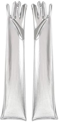 KRYMSON 1 Paar Silberne Lacklederhandschuhe, Bühnenperformance-Handschuhe, Glitzerhandschuhe, Weibliche Roboterhandschuhe, Lange Handschuhe, Cosplay-Kostümhandschuhe
