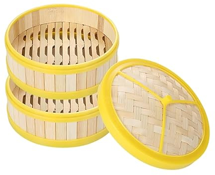 Luminexia Vaporera de bambú 2 Niveles con Tapa Vaporera de Comida China Cesta de Vapor de bambú Olla vaporera Cocedor Al Vapor para albóndigas,arroz,Dim Sum,Verduras,Pescado y Carne (9 tamaños)
