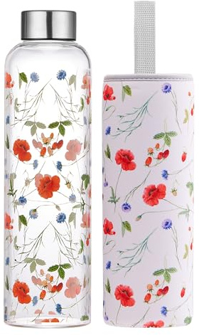Autsel Gourde en Verre 1 Litre avec Housse en Néoprène, Bouteille d'Eau Artistique en Borosilicate, Étanche, Réutilisable, sans BPA