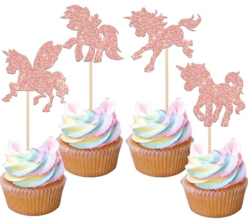 Xsstarmi Einhorn-Cupcake-Topper, Glitzer, Einhorn-Pferd, Cupcake-Picks, Flügel-Einhorn, Kuchendekorationen für Babyparty, Hochzeit, Geburtstag, Party, Zubehör, Roségold, 24 Stück