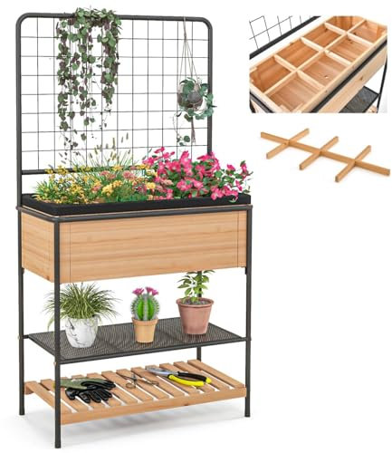 COSTWAY Raised Garden Bed with Trellis, Wooden Elevated Planter Box with Removable Grid Divider, 2-tier Storage Shelves, Black Liner & Drainage Holes, Plant Herb Vegetable Flower Pot Container
