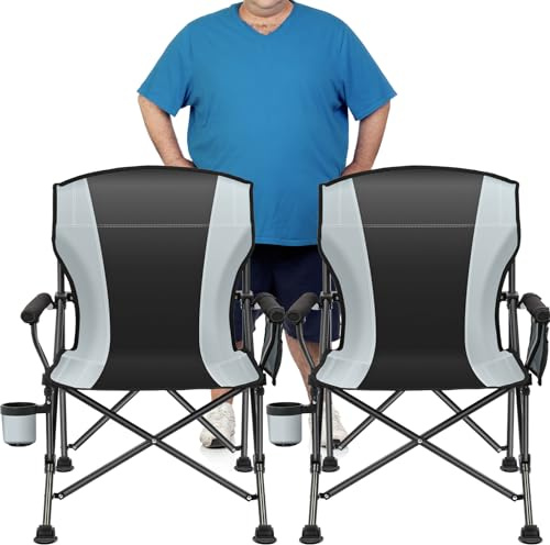 2 Pack Oversized Folding Camping Chair for Adults, Supports 450 LBS Camping Chairs, Heavy Duty Camping Chair with Side Pockets, Foldable Outdoor Chair for Camping, Beach, Fishing, Hiking, Black-Gray