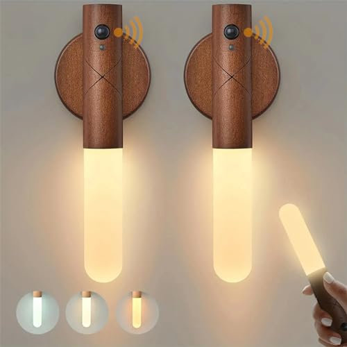 USB Aufladbar Dimmbar Wandleuchte Holz Innen mit Bewegungsmelder Induktions Akku LED Wandlampe Kabellose Tragbare Magnetische Bettlampe Wohnzimmer Schlafzimmer Treppenhaus Flur (Walnussholz,2 Stück)
