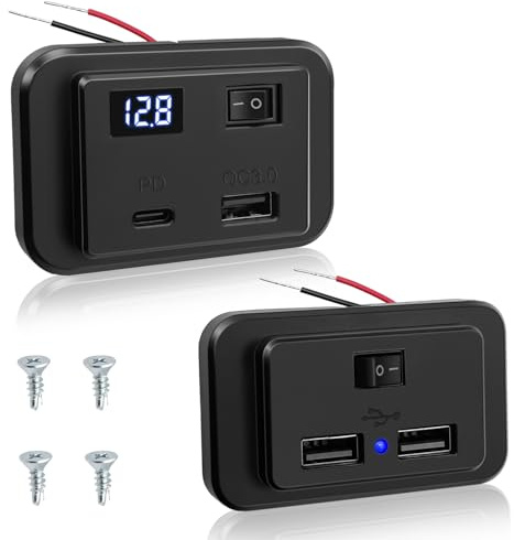Hoembpn 40W Dual USB C Car Charger Socket Panel with Switch and LED Voltmeter PD2.0+QC3.0,DC12V-24V Power Outlet Outdoor 4.8A Dual USB Quick Charge Adapter for Campervan Boat Truck Marine Accessories