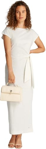 Tommy Hilfiger Donna Abito Knot Midi con Scollo a Barca, Bianco (Ecru), XL