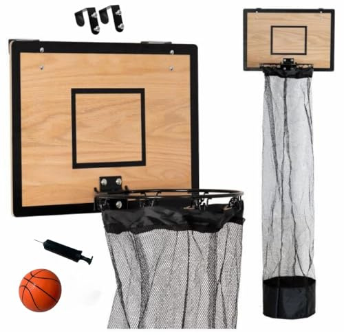 Générique TheDunk Holz-Basketballkorb für Schmutzwäsche, Wand und Tür, mit abnehmbarem Beutel, Ball und Luftpumpe, Basketballspiele zum Sammeln von Schmutzwäsche, Geschenk für Kinder und Erwachsene
