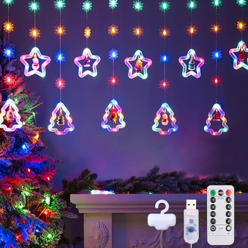 RANJIMA LED Weihnachtsbeleuchtung Fenster, 3x0.5M Weihnachtsdeko Sterne Lichtervorhang 8 Modi USB Fenster Beleuchtet Hängende Lichterkette Schneeflocken Deko Innen für Fensterdeko Weihnachten, Bunt