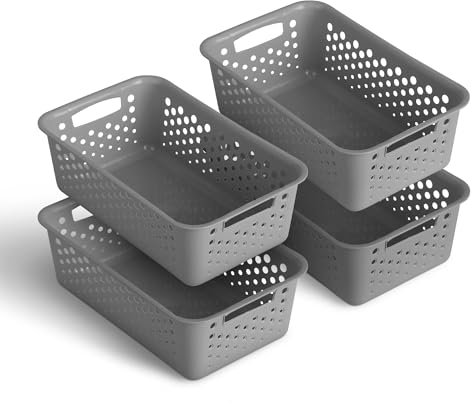Lot de 4 paniers de rangement de 2 l, avec poignées, sans BPA, organiseur, 25 x 16 x 8 cm, anthracite, pour salle de bain, cuisine, chambre à coucher, panier ménager