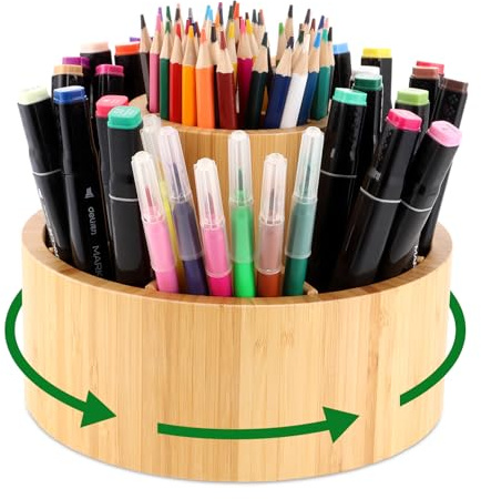 DAJAVE Bamboo Desk Organizer, 360 Grad Stifthalter aus Bambus, Schreibtisch Organizer Holz für Marker, Buntstifte