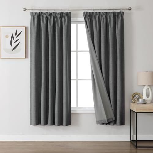 Joydeco 100% Verdunkelungsvorhänge Leinen Gardinen mit Kräuselband 2er Set H175xB140cm Grau, Thermovorhang Kälteschutz Blickdicht Schallschutz Ideal für Wohnzimmer passt zu Schienensystemen
