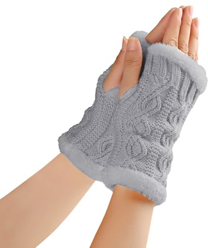 AYNKH Fingerless Gloves for Women, Thicken Plush Warm Knitted Gloves, Winter Mittens Half Finger Warmers for Girls Ladies Kids (Grey)