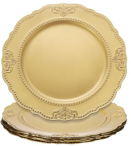 sourcing map 10pcs Gold Charger Plates Bulk, 13 Inch Plastic Chargers for Dinner Plates Set Round Plate Charger for Wedding Party Event Table Setting Decoration