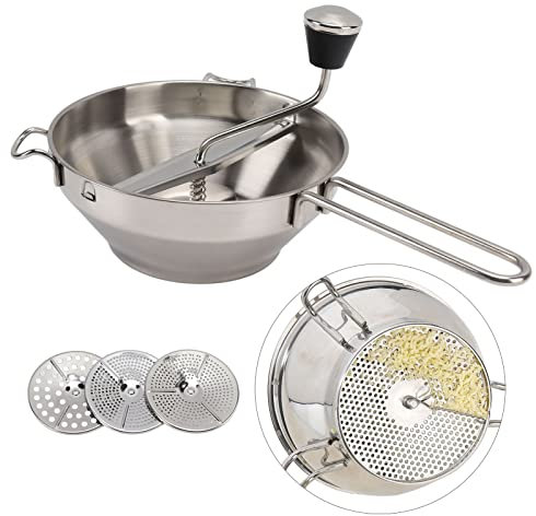 Passaverdura in Acciaio Inox con 3 Dischi di Macinazione - Passaverdure Rotativo per di Pomodoro, di Mele, Purea, purè di Patate, Marmellate, Alimenti per Bambini