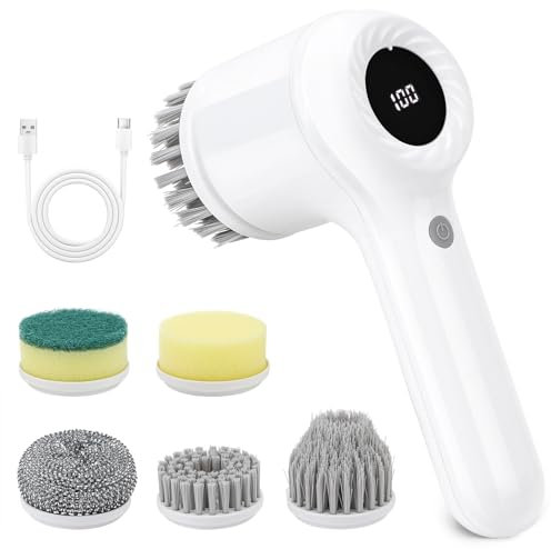 Electric Cleaning Brush Cordless, IPX7 Waterproof Electric Spin Scrubber with LED Display, 5 Replacement Heads, 2 Adjustable Speeds Bathroom Brush for Kitchen/Tile/Garden/Floor/car