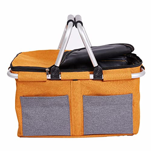 Picknickkorb， großer isolierter Picknickkorb， isolierte Kühltasche， zusammenklappbarer Picknickkorb， stabiler Aluminiumrahmen， tragbarer Einkaufskorb，Orange (Not Insulated)-47*28*25cm(1PCS)