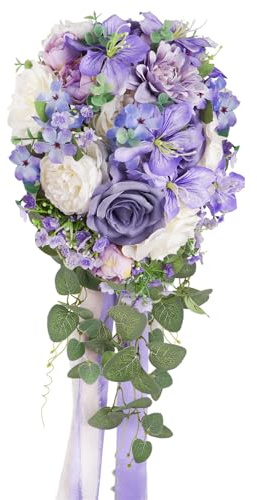Blumensträuße mit staubigen violetten Rosen, Schmetterlingen, Orchideen für Braut, Hochzeit, Lavendel, Weiß, kaskadierend, Brautstrauß, künstliche Seidenblume, rustikale Zeremonie, Jahrestag