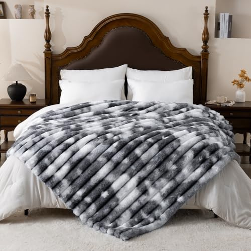 Vamcheer Kuscheldecke für Bett, 230x230 cm Super Soft Dick Wohndecke, Bubble Kaninchen Kunstfell Decke, Plüsch Doppelgesicht, Weich & Warm Überwurf, Tie-dye Grau