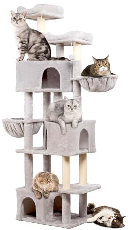 ANWA 183cm Cat Tree Tower for Large Cats, Multi-Level Kitten Climber with Sisal Scratching Posts, Heavy Duty Cat Furniture for Multiple Cats with Spacious Hammocks, Condos and 2 Padded Perches, Grey
