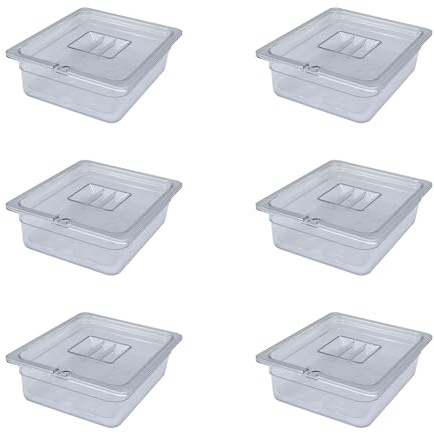 AcMax Set di 6 contenitori per gas GN 1/2 in policarbonato, 6,5 litri, profondità 100 mm, coperchio con intaglio e scolapiatti