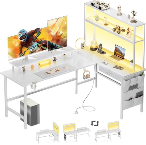 HLONONE L-format Gamingbord med LED & Höjdhylla, 150 x 100 cm, Vitt | Reversibelt Hörnskrivbord med Förvaring & Låda, Spelbord med 3 Uttag & 3 USB-port, Ergonomiskt Monitorhylla, för Hemmakontor