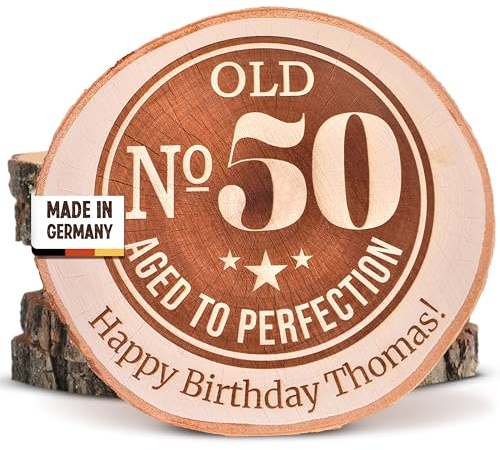 Personalisierte Baumscheibe 20–25 cm mit Gravur – Name nach Wunsch | Geschenk 50. Geburtstag Mann | Männergeschenke & personalisierte Geschenke Männer | Geburtstagsgeschenk 50 Jahre