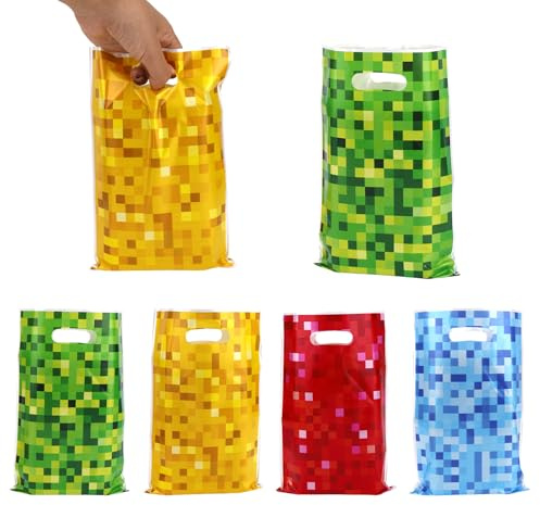 50 Pcs Pixel Party Favor Bags, 4 Colors Video Game Theme Candy Snack Treat Goodie Gift Bags with Handles for Gamers Pixel Themed Birthday Party Supplies & Decorations