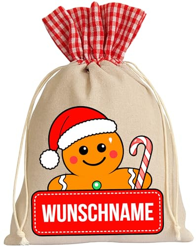 Nikolaussäckchen/Weihnachtssäckchen 30x40 cm aus Leinen personalisiert mit Wunsch-Namen und weihnachtlichem Motiv Fröhliches Lebkuchenmännchen