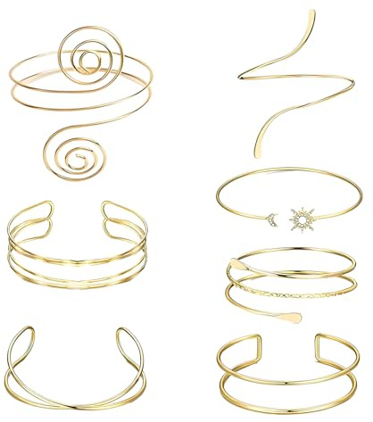 TopBine 7 PCS Women's Gold Upper Arm Cuff Bracelet, Adjustable Open-Top Armlet,Stylish Jewelry for Party Daily Minimalist Coil Arm Armband Set