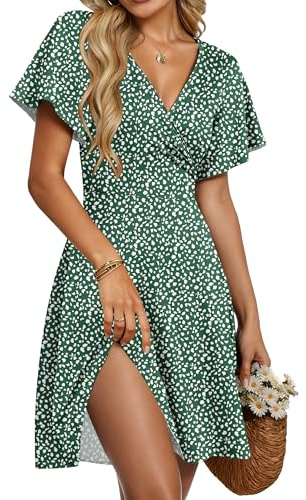 PLMOKEN Vestito Donna Estivo Abito Sexy con Scollo a V e Maniche con Volant Abiti da Spiaggia con Vita Impero e Tasche Puntini Verde Scuro M