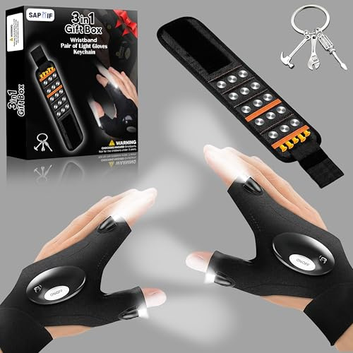 Gifts for Men Him Dad, 3 in 1 Gift Set with Magnetic Wristband, LED Flashlight Gloves & Keychain, Birthday Gift Box for Father, Husband, Boyfriend, Grandad, Unique DIY Gifts