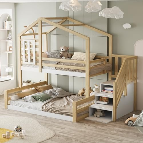 ZKLOEP Letto a castello, 90 x 200 cm, in legno di pino, letto con finestra, listello, ringhiera, scala a gradini per conservazione, natura