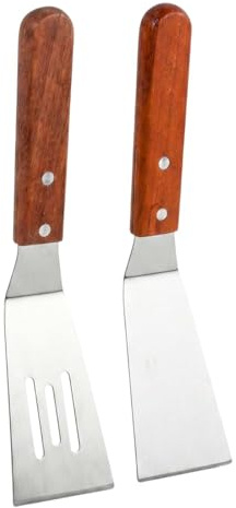 Kaiyzo 2 Unidades Espátula Cocina Acero Inoxidable Mango Madera, Paleta Plancha Teppanyaki, Espátula Ranurada para Carne Pizza, Utensilio Volteador Metal